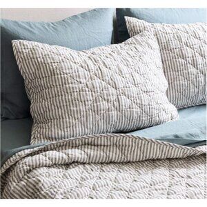 Quince European Quilted Linen Stripe King Sham Set 20 x 36 Grey White Pillowcase
